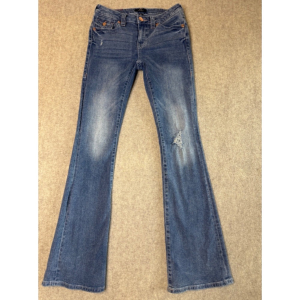 True Religion Becca Mid Rise Bootcut Jeans Womens 25 Blue Flap Pocket Distressed